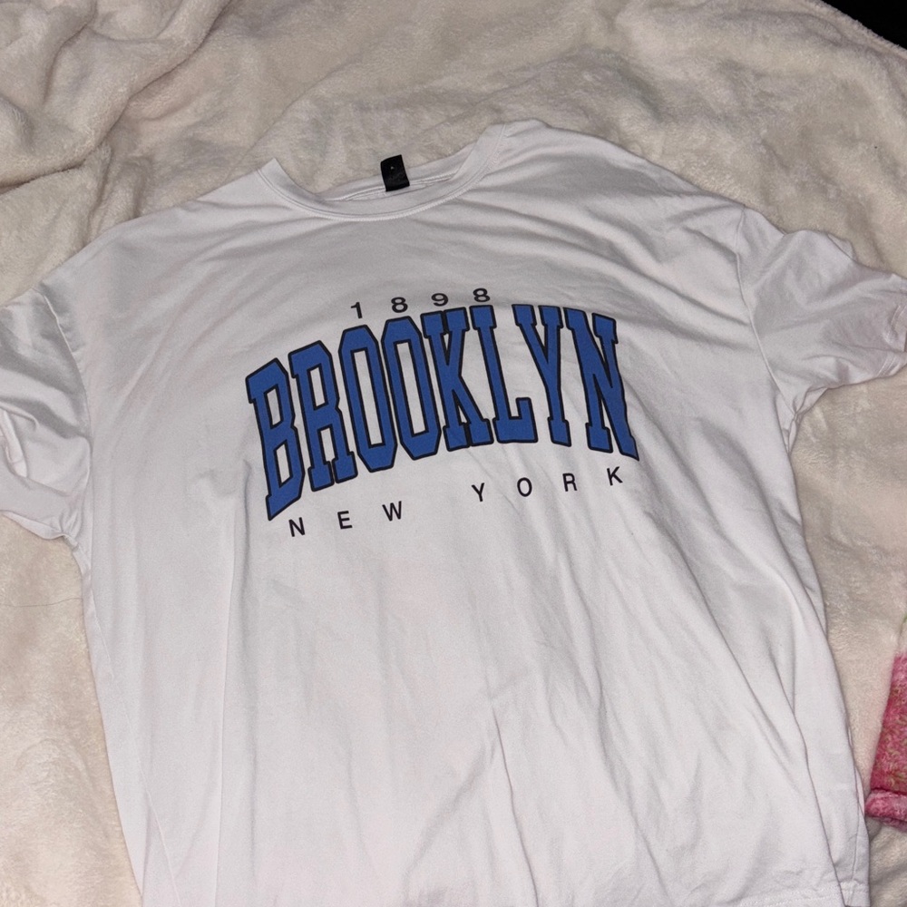 SHEIN White Tee with Blue Brooklyn Print